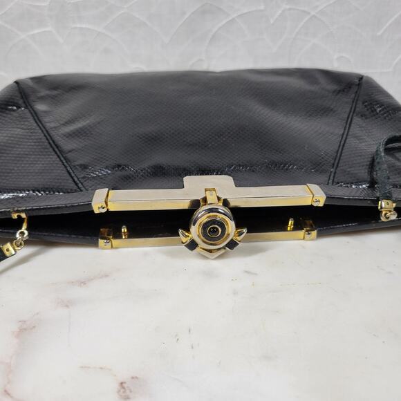 Vintage Judith Lieber Hinged Snakeskin Clutch Black Strap Art Deco Evening Bag - Picture 9 of 16